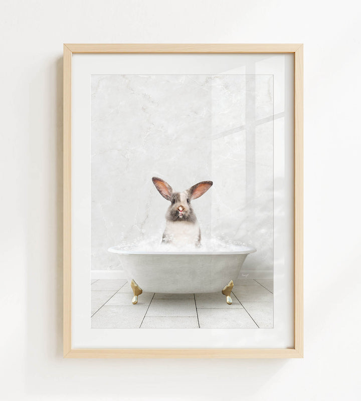 A white rabbit sitting in a white bathtub filled with water, with its head above the water's surface.