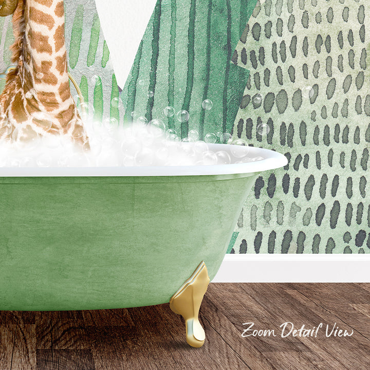 A giraffe is standing in a green bathtub filled with bubbles, with a patterned wall in the background.
