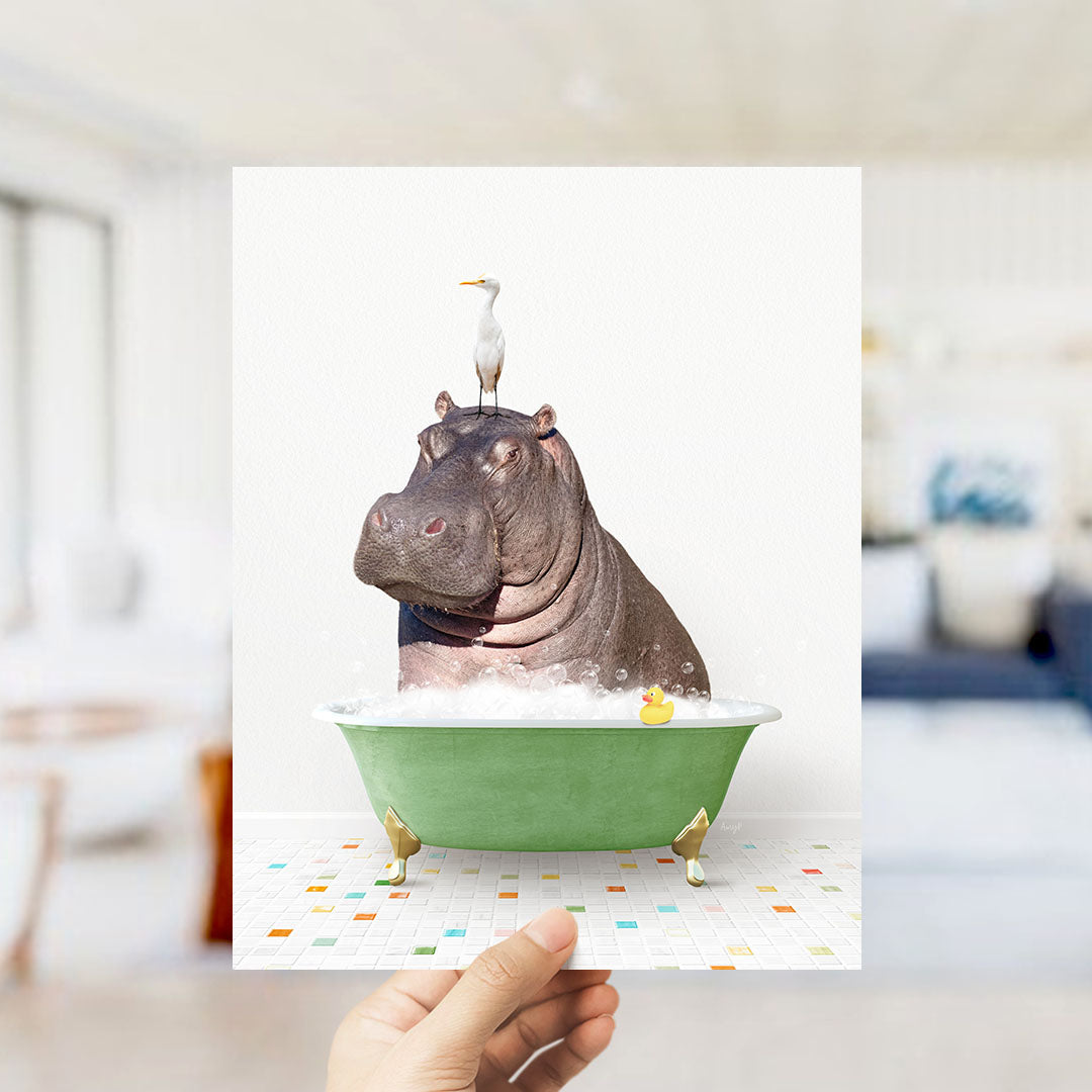 A hand holds up a collage of two images: a hippopotamus sitting in a green bathtub with a bird perched on its head, and a bird sitting on the edge of the tub.