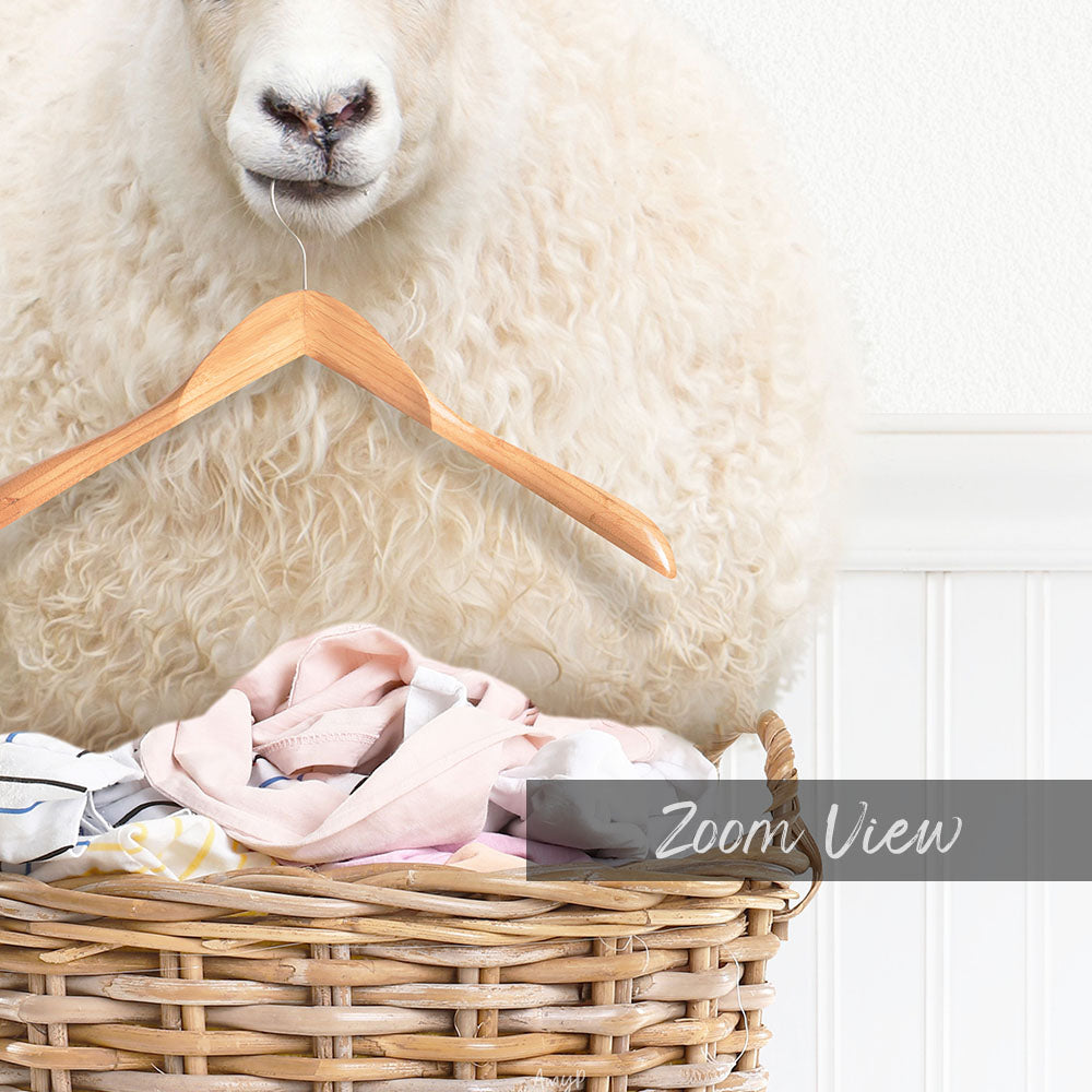 A fluffy white sheep is hanging clothes on a wooden hanger in a wicker basket.