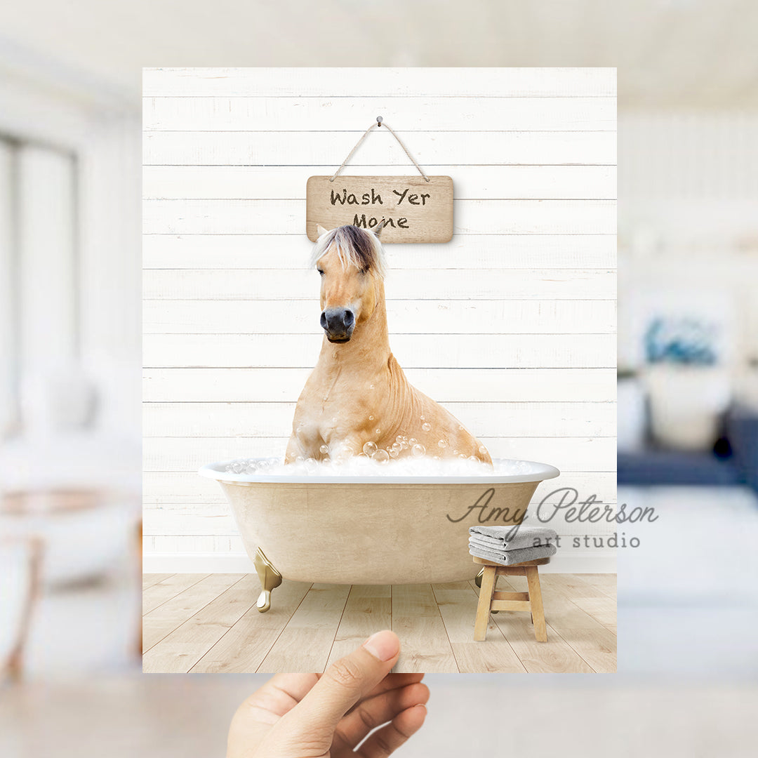 a dog sitting in a bathtub with a sign hanging above it