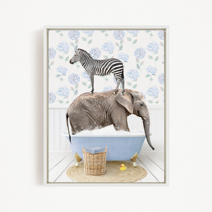 A zebra stands on the back of an elephant, both in a blue bathtub filled with water, with a basket of rubber ducks nearby.