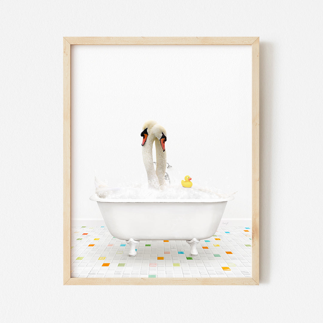 a picture of a swan taking a bath in a bathtub