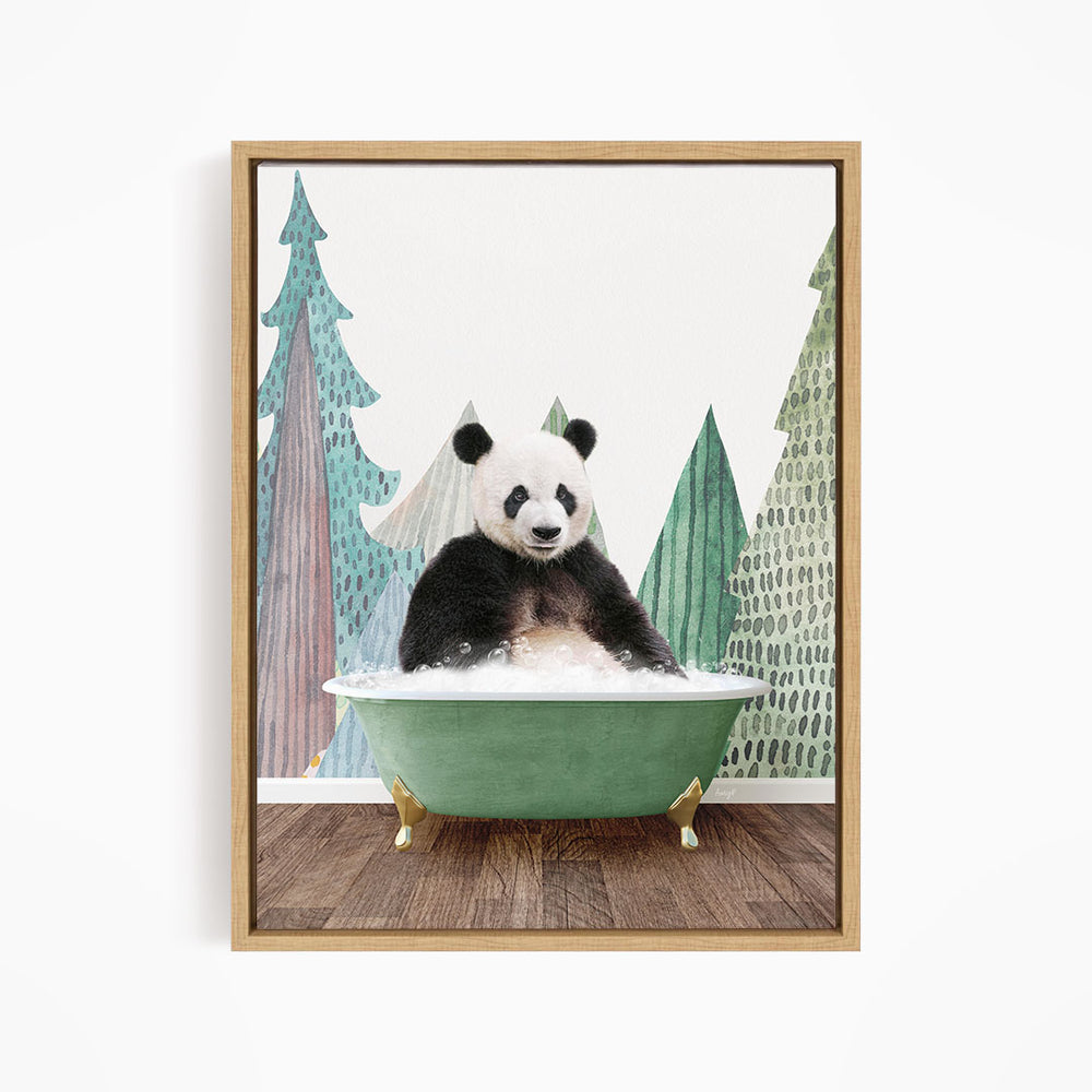 A panda bear sitting in a green bathtub, surrounded by trees and a forest-like background.