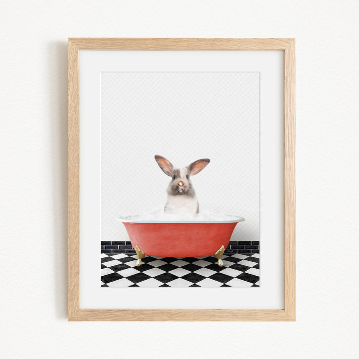 A white rabbit sitting in a red bathtub filled with water, with a black and white checkered floor in the background.