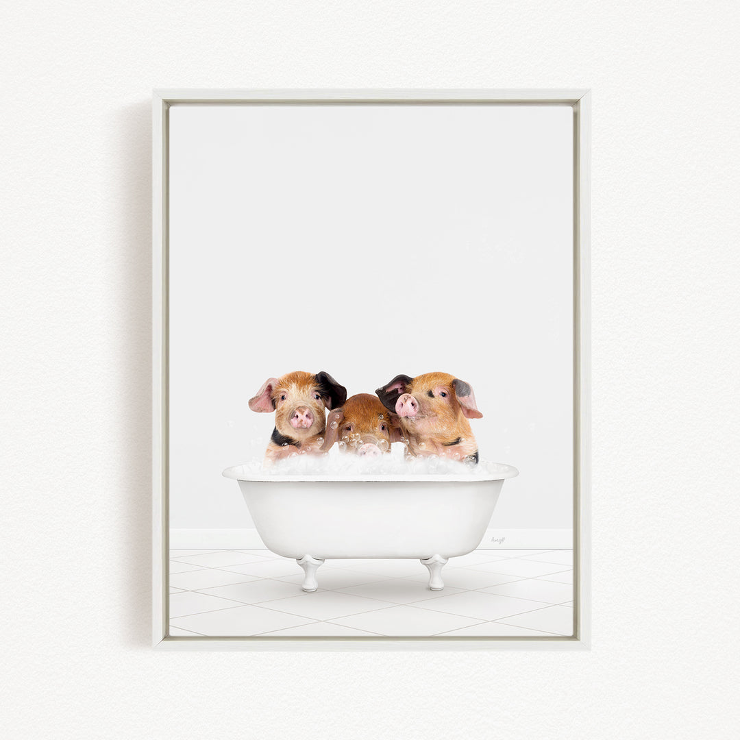 Three adorable pigs sitting in a white bathtub, enjoying a relaxing bath together.