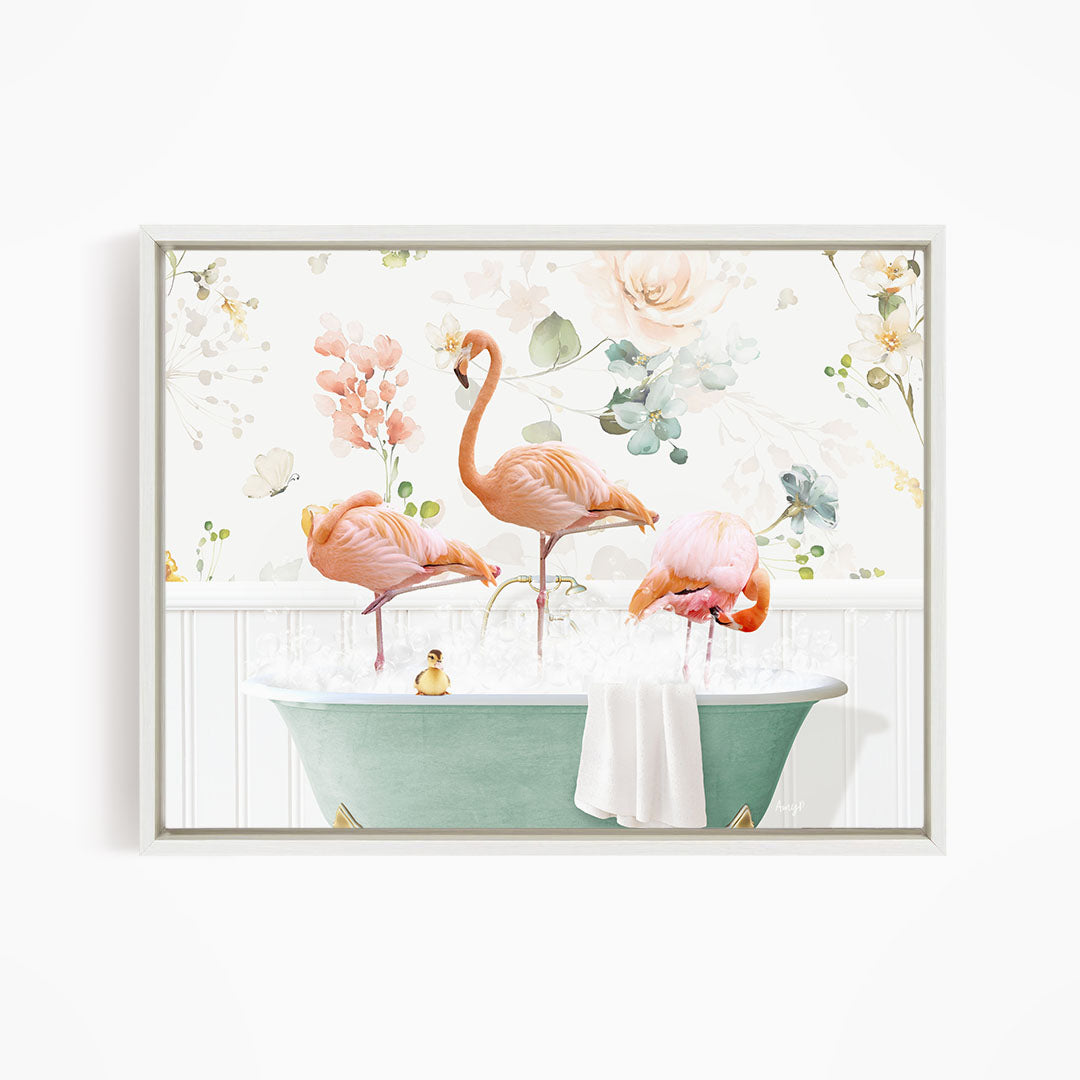 A framed image depicting three pink flamingos standing in a green bathtub filled with water, surrounded by a floral pattern.