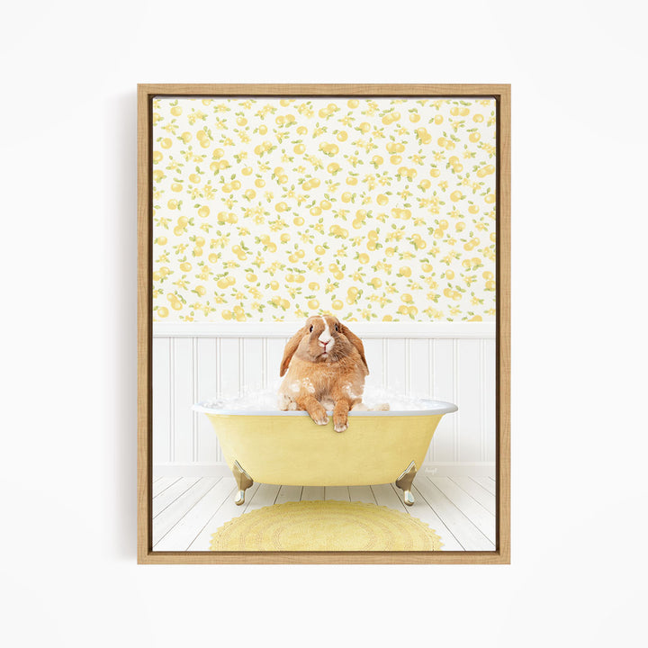 A brown rabbit sitting in a yellow bathtub filled with water, surrounded by a yellow floral wallpaper.