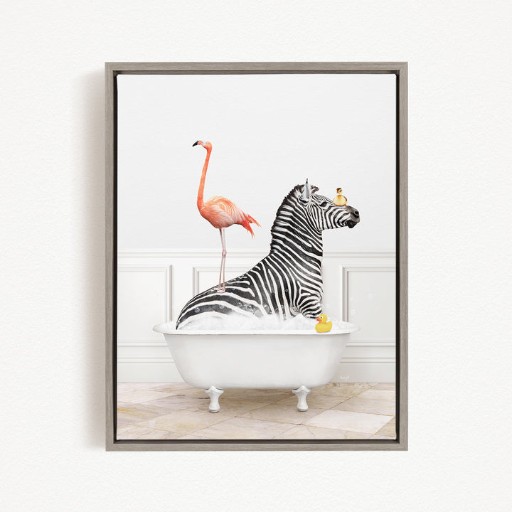 A zebra is sitting in a bathtub filled with water, with a pink flamingo standing on its back and a yellow rubber duck floating nearby.