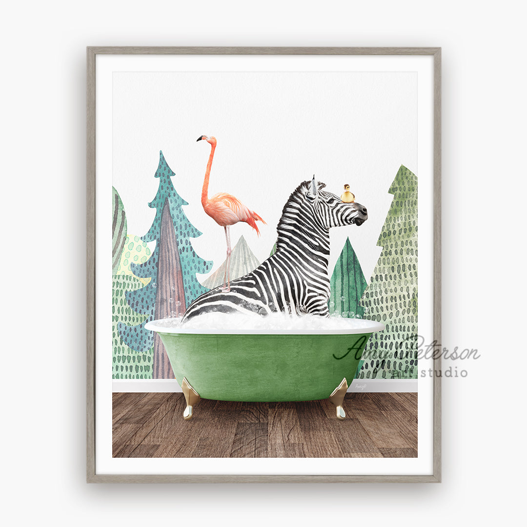 a picture of a zebra and a flamingo in a bathtub