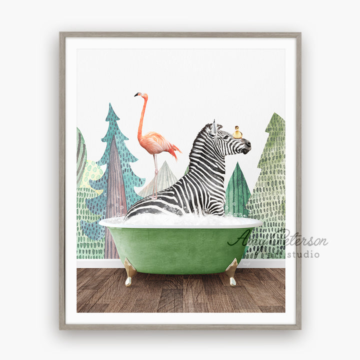 a picture of a zebra and a flamingo in a bathtub