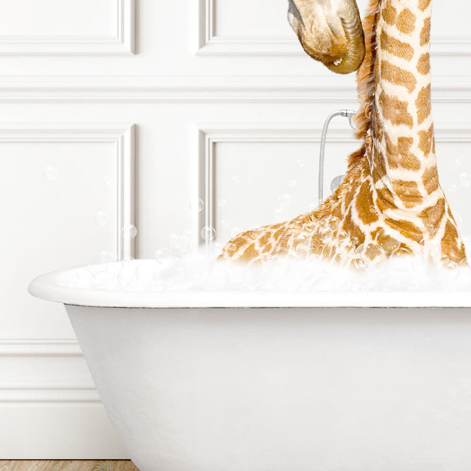 a giraffe sticking its head into a bathtub