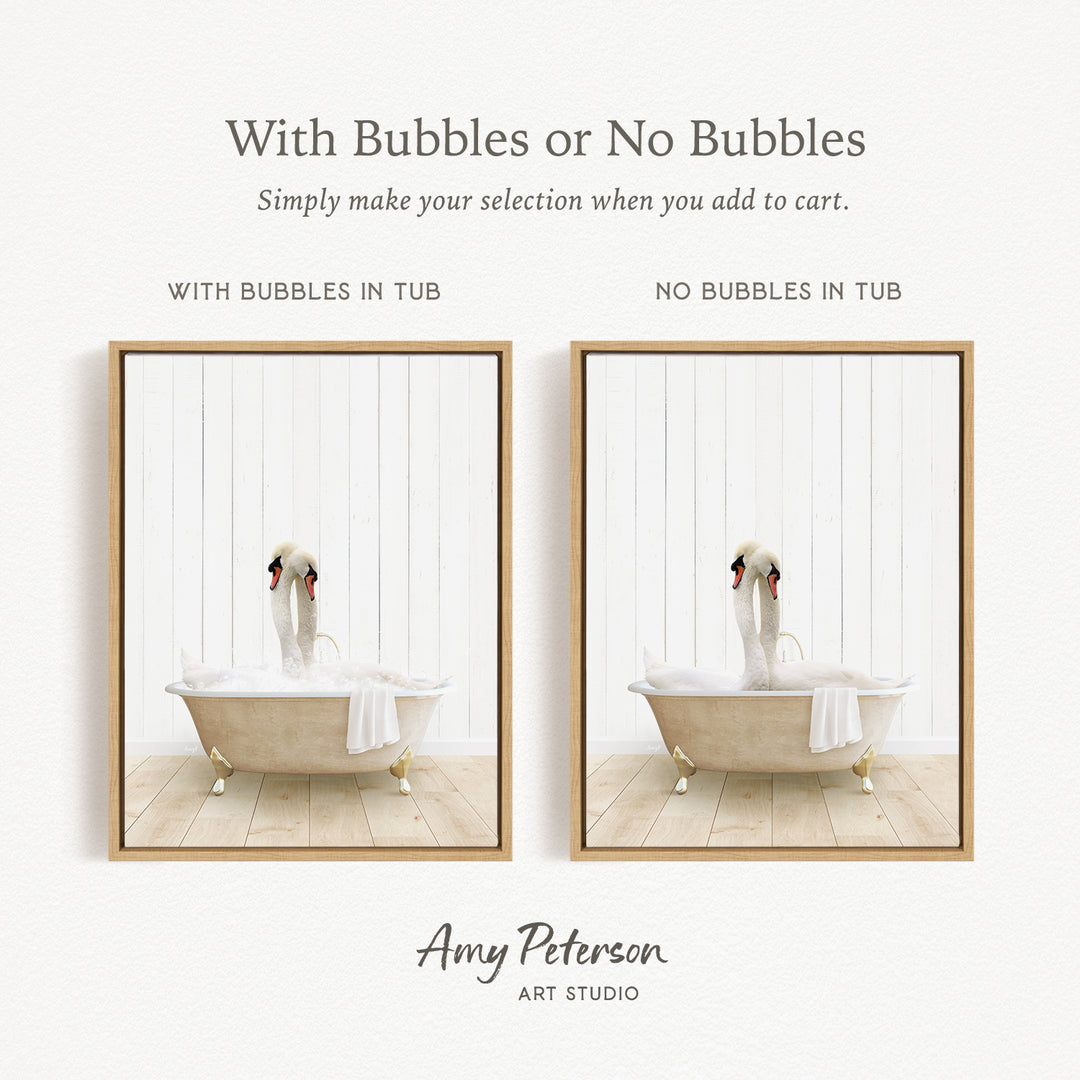 The image is a collage of two framed pictures, each depicting a swan sitting in a bathtub. The swan in the first picture has bubbles in the tub, while the swan in the second picture does not have bubbles. The text above the images reads "With Bubbles or No Bubbles Simply make your selection when you add to cart."