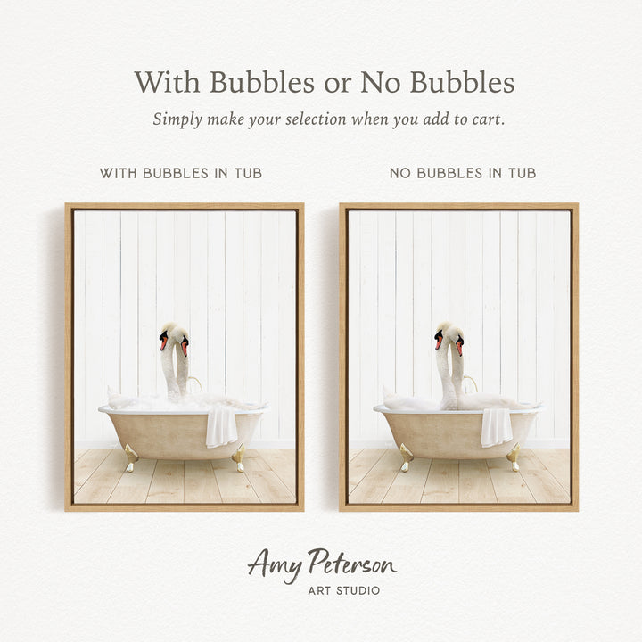 The image is a collage of two framed pictures, each depicting a swan sitting in a bathtub. The swan in the first picture has bubbles in the tub, while the swan in the second picture does not have bubbles. The text above the images reads "With Bubbles or No Bubbles Simply make your selection when you add to cart."