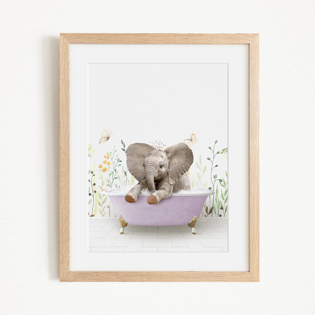 A baby elephant sitting in a pink bathtub, surrounded by flowers and butterflies.