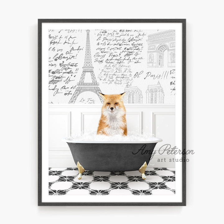 a cat sitting in a bathtub with the eiffel tower in the background