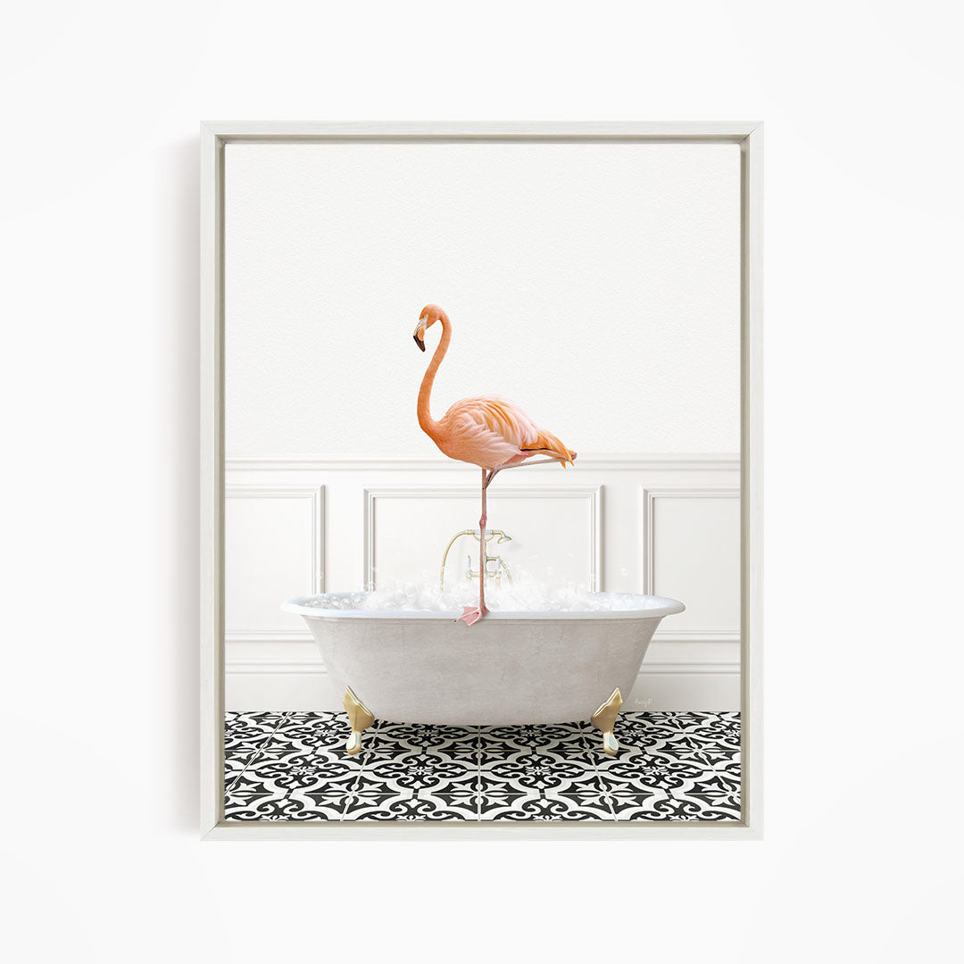 A pink flamingo standing on the edge of a white bathtub filled with water, set against a white wall with a black and white patterned floor.