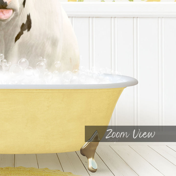 A white cow is standing in a yellow bathtub filled with bubbles, with a white wall and wooden floor in the background.