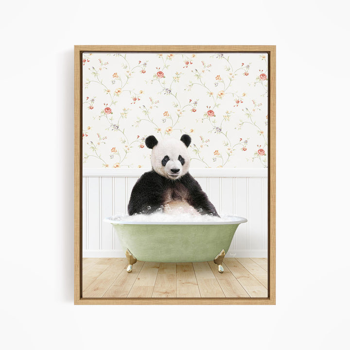 A panda bear sitting in a green bathtub filled with bubbles, surrounded by a floral wallpaper.