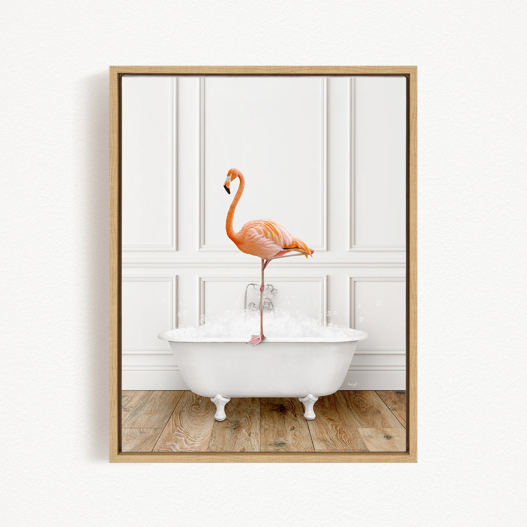A pink flamingo standing on the edge of a white bathtub filled with water, creating a whimsical and playful scene.