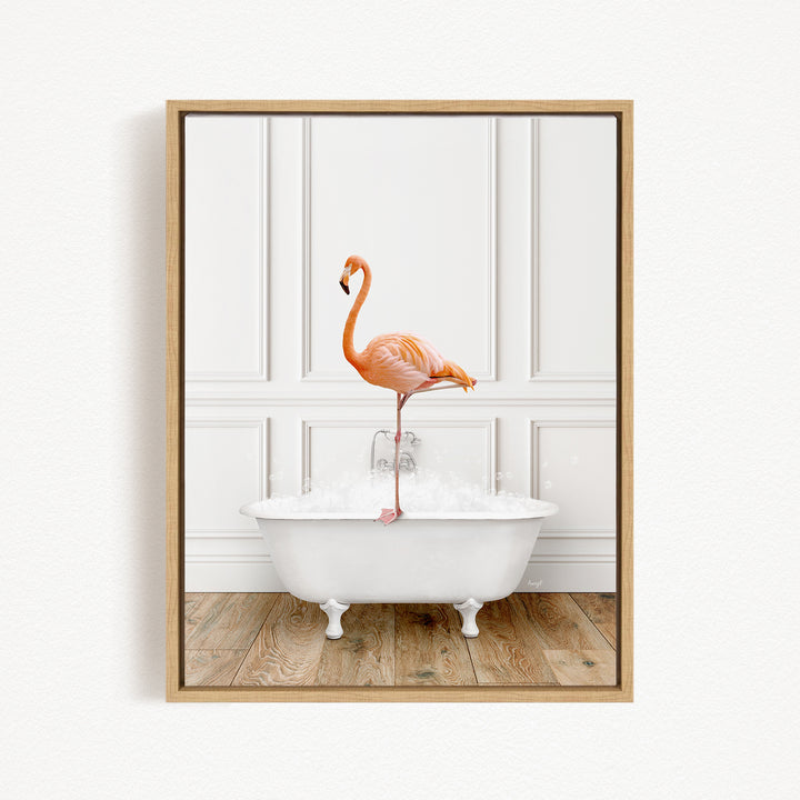 A pink flamingo standing on the edge of a white bathtub filled with water, creating a whimsical and playful scene.
