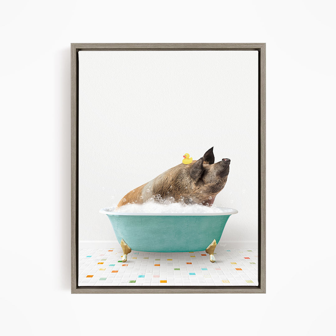 A dog is sitting in a blue bathtub filled with bubbles, with a rubber duck floating on the water.