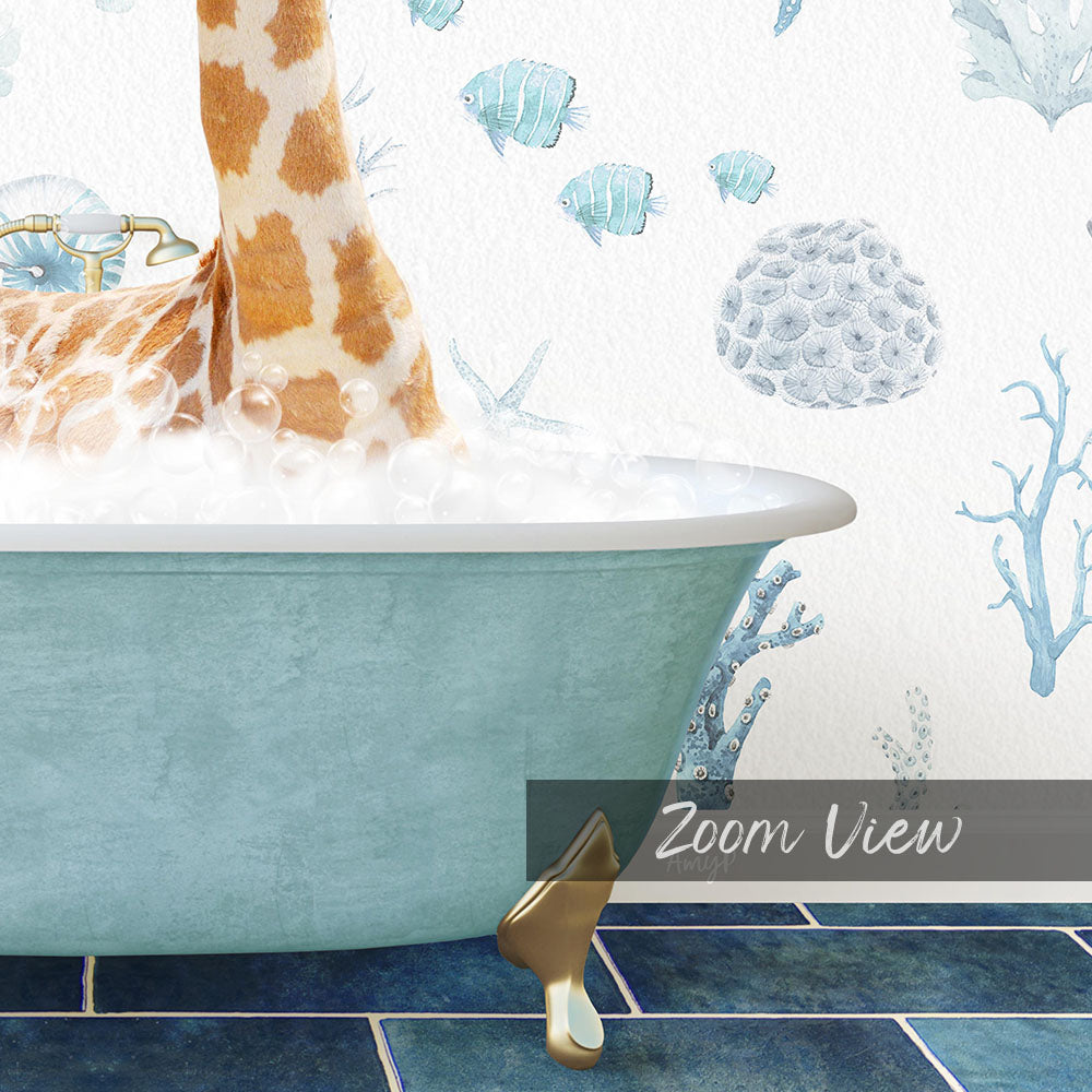A giraffe is sitting in a bathtub filled with bubbles, surrounded by a blue and white ocean-themed wallpaper.