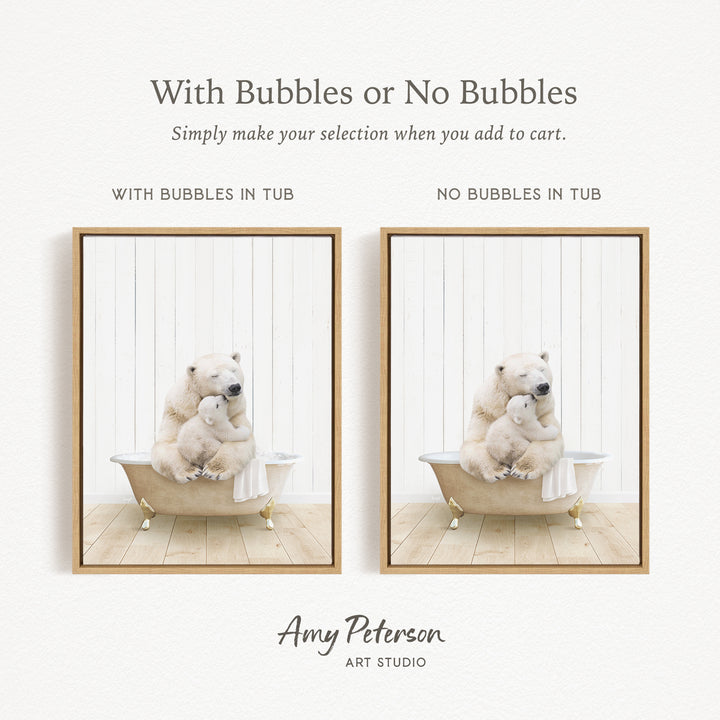 The image is a collage of two pictures, each featuring a polar bear sitting in a bathtub. The polar bear in the bathtub has bubbles, while the polar bear in the other bathtub does not have bubbles. The collage is titled "With Bubbles or No Bubbles" and is created by Amy Peterson from Art Studio.