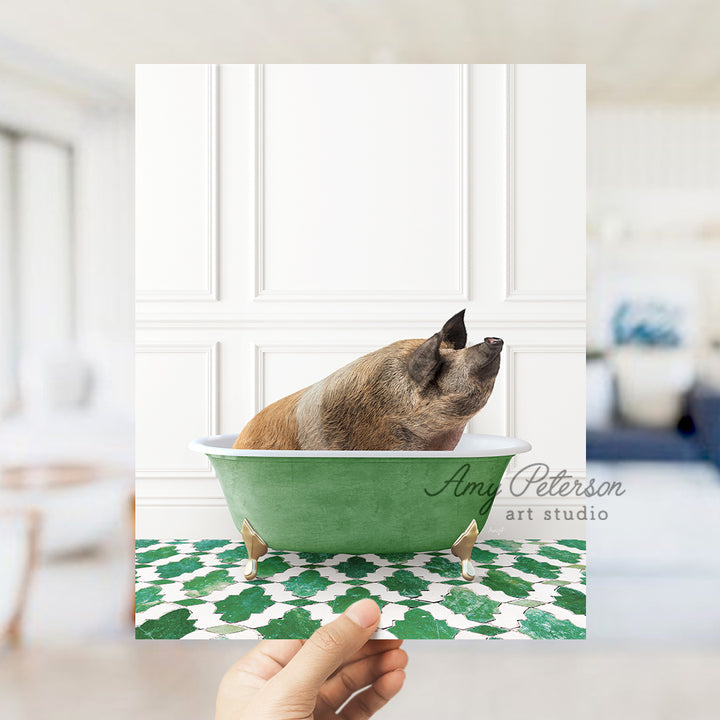 a dog is taking a bath in a green bathtub