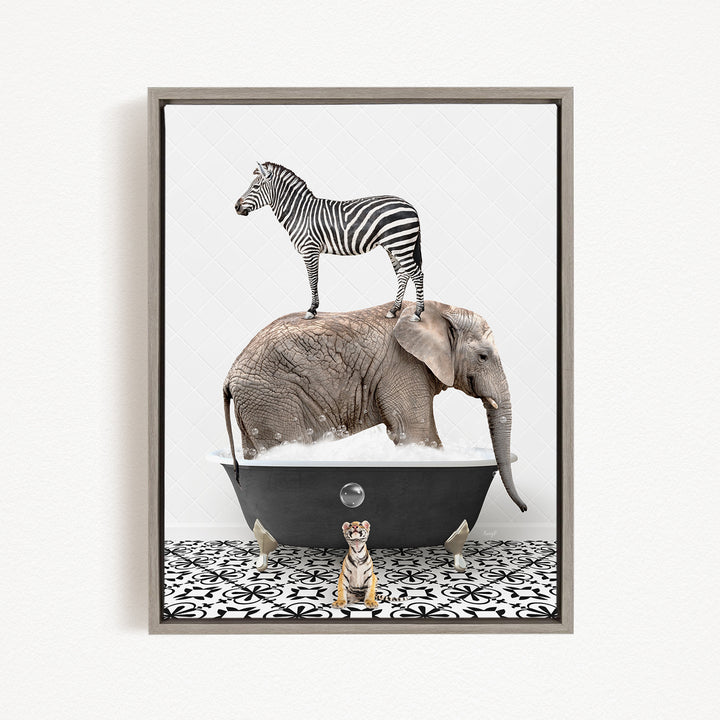 A zebra standing on the back of an elephant, with a small tiger sitting in a bathtub in front of them.