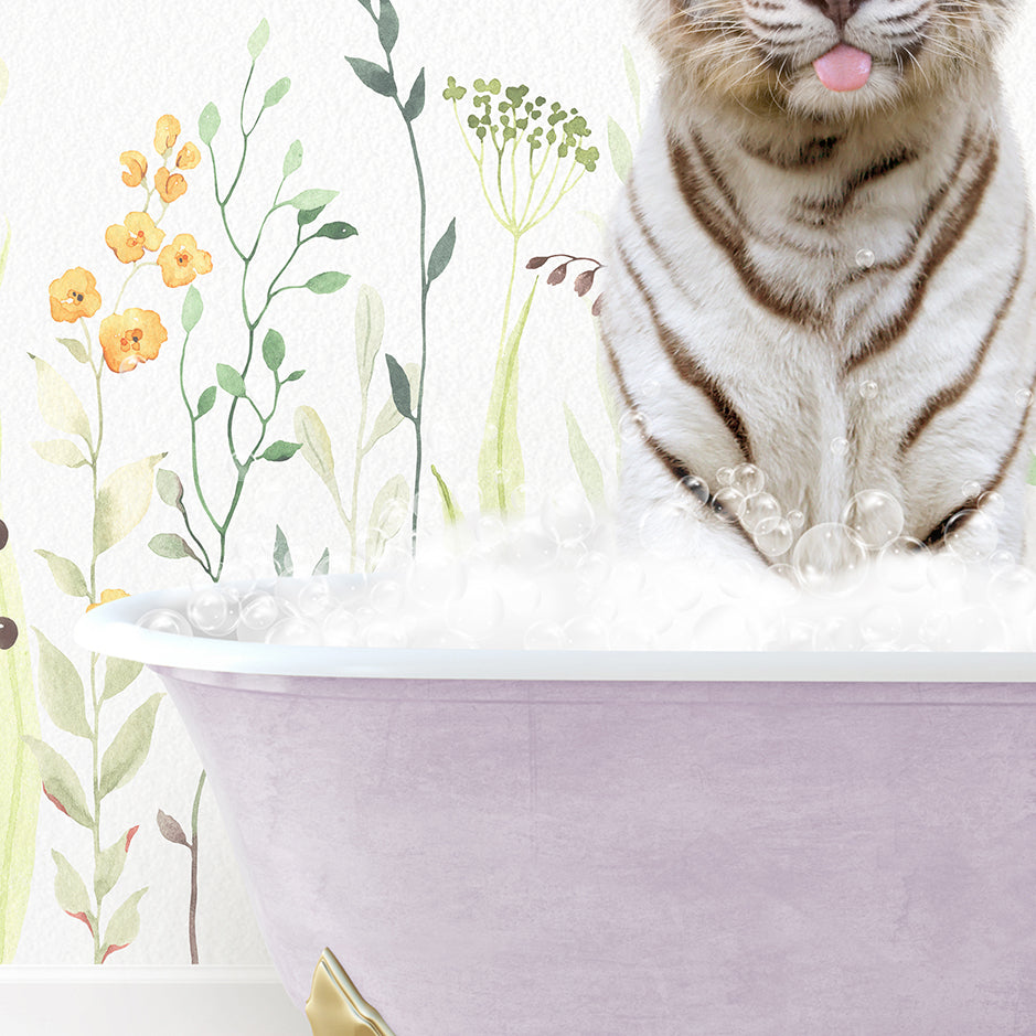 a tiger sitting in a bathtub with its tongue hanging out