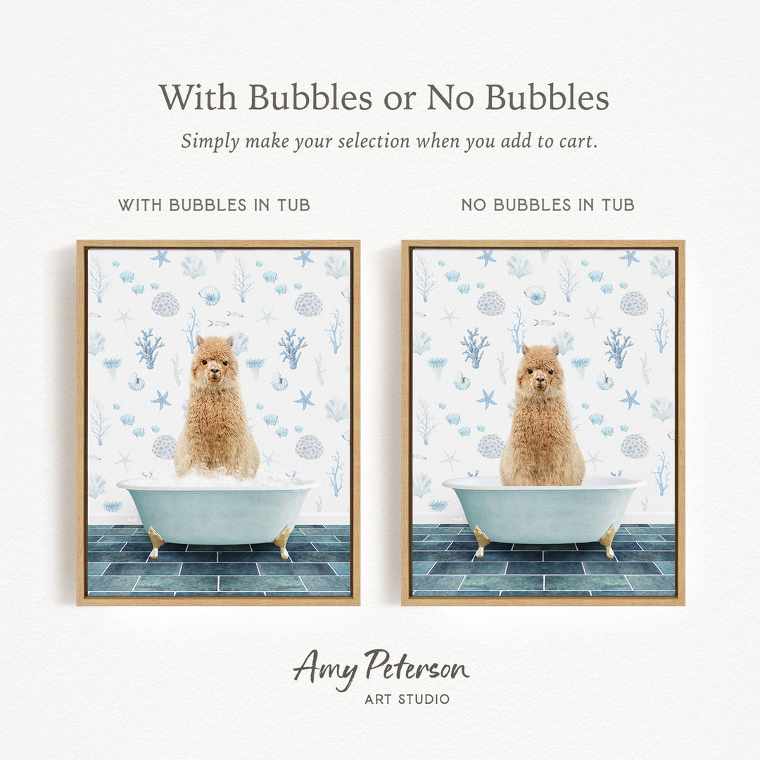 The image is a collage of two pictures featuring a dog sitting in a bathtub. The dog appears to be a small, fluffy creature, possibly a puppy or a dog breed with a similar appearance. The images are framed and displayed side by side, with the text "With Bubbles or No Bubbles" above them.