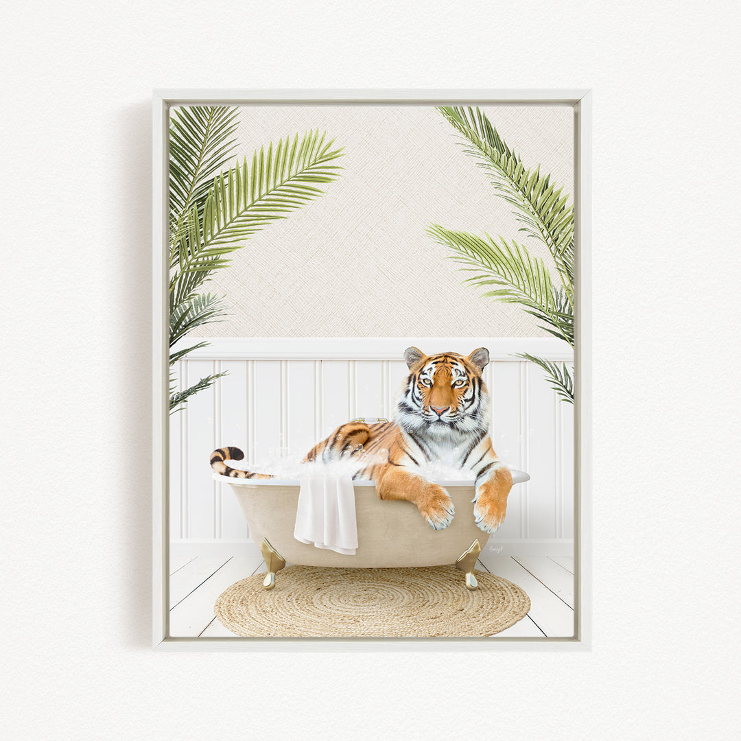 A tiger is sitting in a bathtub filled with water, surrounded by palm leaves, creating a whimsical and relaxing scene.
