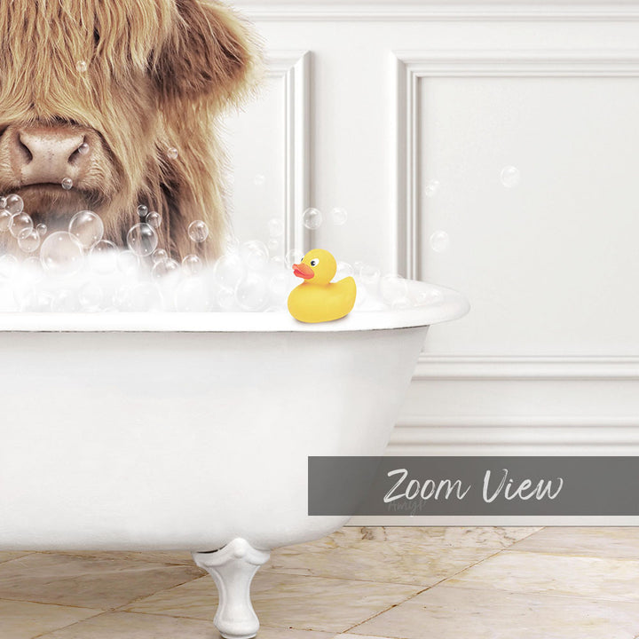 A yellow rubber duck floats in a white bathtub filled with bubbles, with a cow's head peeking out from behind the tub.