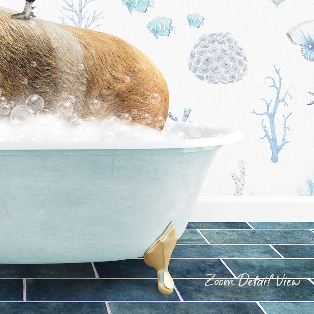 A dog is sitting in a bathtub filled with bubbles, surrounded by a blue and white underwater-themed wallpaper.