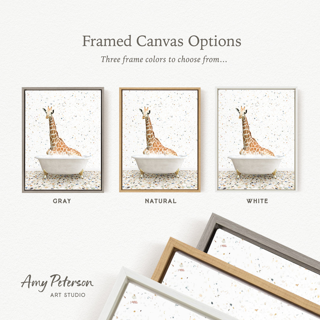 three framed canvas options featuring a giraffe in a bathtub, each with a different frame color: gray, natural, and white.