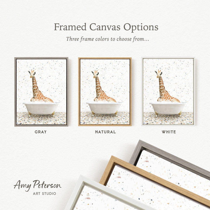three framed canvas options featuring a giraffe in a bathtub, each with a different frame color: gray, natural, and white.