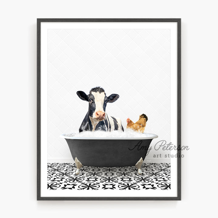 a picture of a cow in a bathtub with two cats