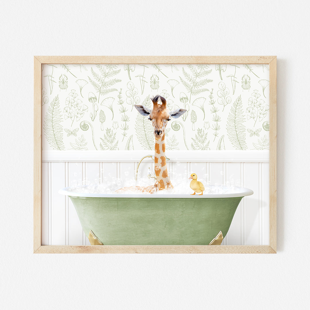 a giraffe in a bathtub with a rubber duck