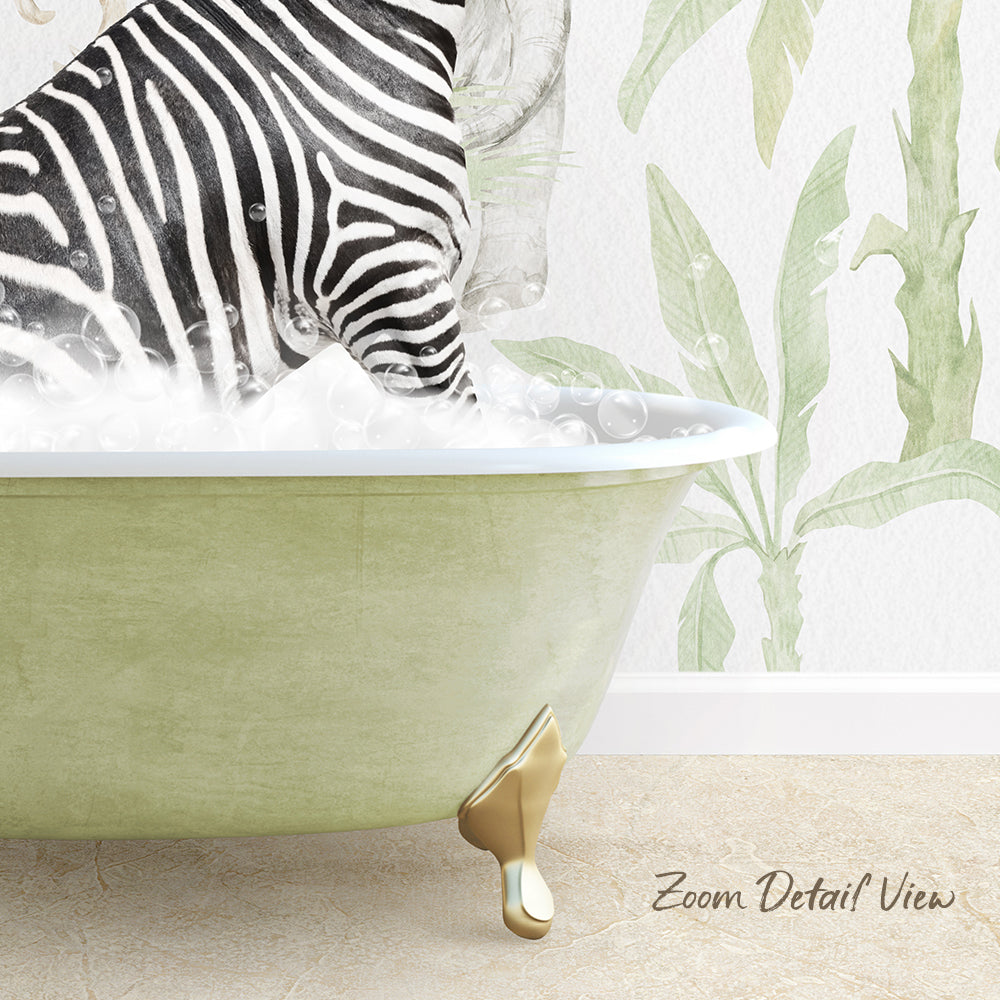 A zebra standing in a green bathtub filled with bubbles, with a tropical plant motif on the wall behind it.