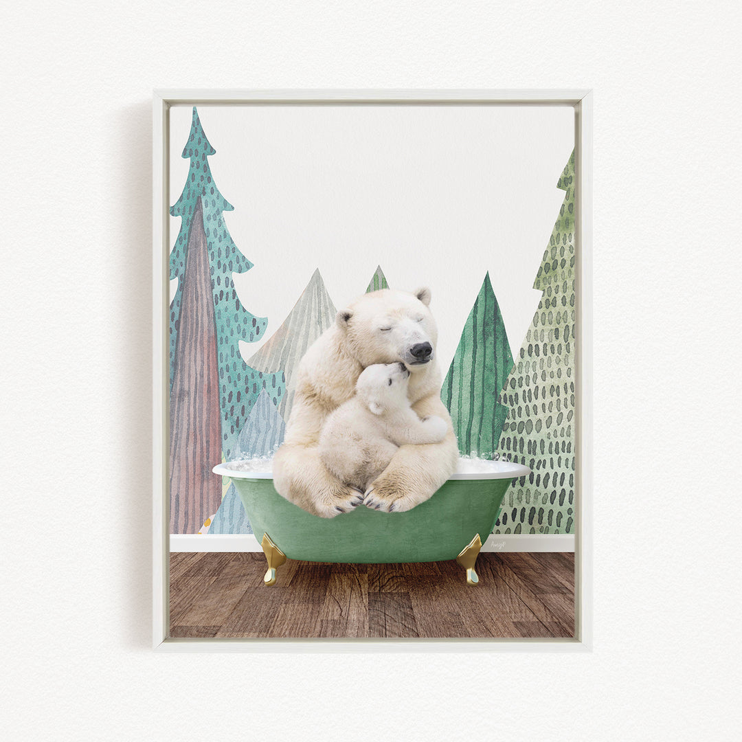 A polar bear is sitting in a green bathtub, surrounded by a forest scene with trees and snow.