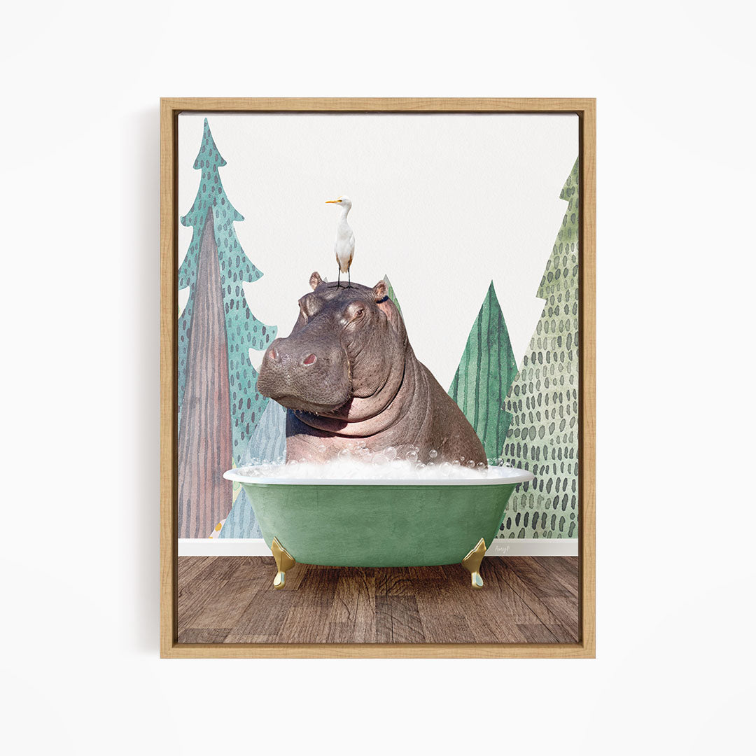 A hippopotamus is sitting in a green bathtub, with a seagull perched on its head.