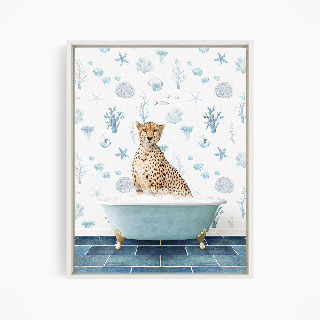A cheetah sitting in a blue bathtub filled with bubbles, surrounded by a pattern of seashells, starfish, and other marine life.