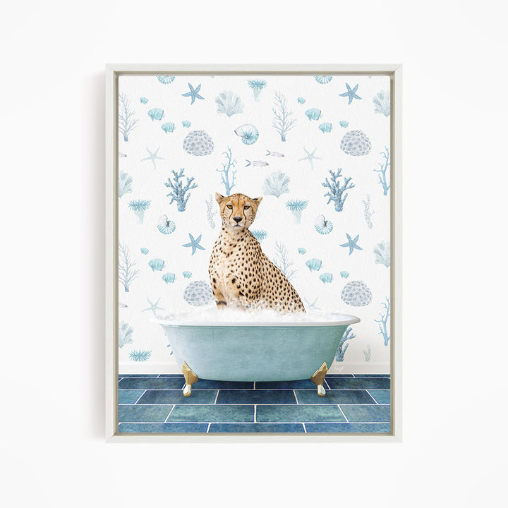 A cheetah sitting in a blue bathtub filled with bubbles, surrounded by a pattern of seashells, starfish, and other marine life.