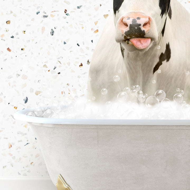 a cow sticking its tongue out in a bathtub filled with bubbles