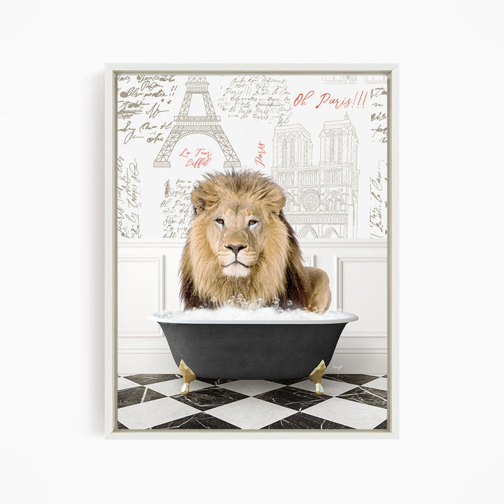 A lion is sitting in a bathtub filled with water, surrounded by a Paris-themed background with the Eiffel Tower and other landmarks.