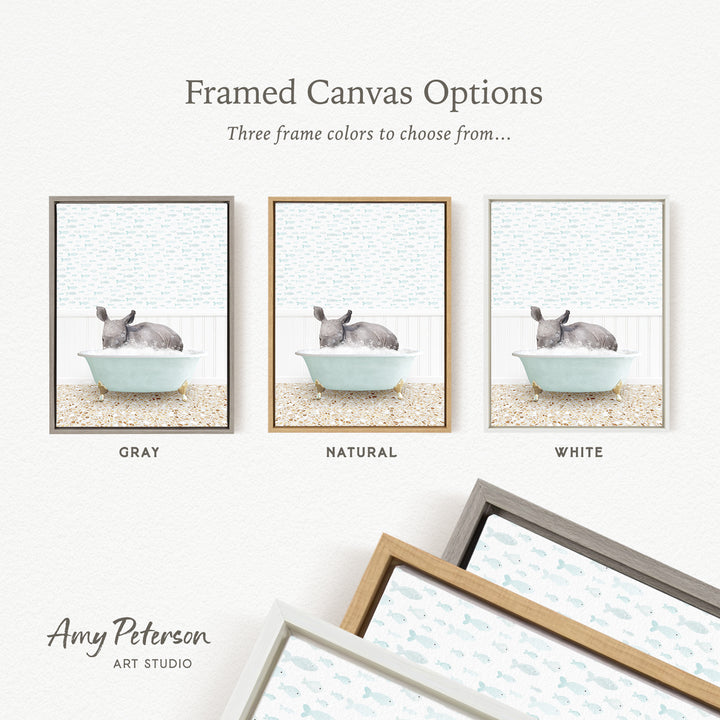 three framed canvas options, each featuring a different color and frame style. The options include a gray frame, a natural frame, and a white frame. The text above the options reads " Framed Canvas Options" and "Three frame colors to choose from...". The bottom of the image includes the text " Amy Peterson ART STUDIO".