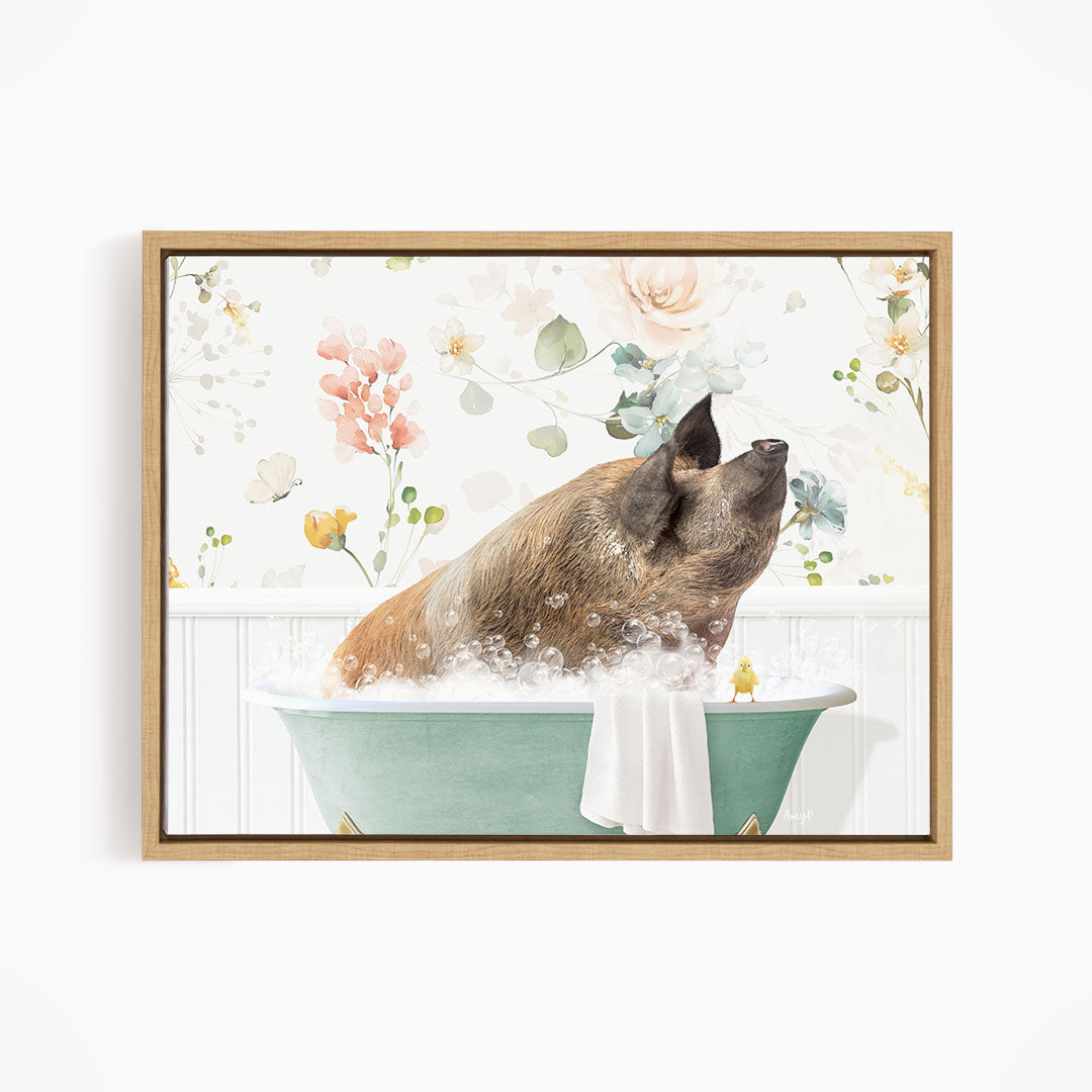 A pig sitting in a green bathtub, surrounded by flowers and birds, appears to be enjoying a relaxing bath.