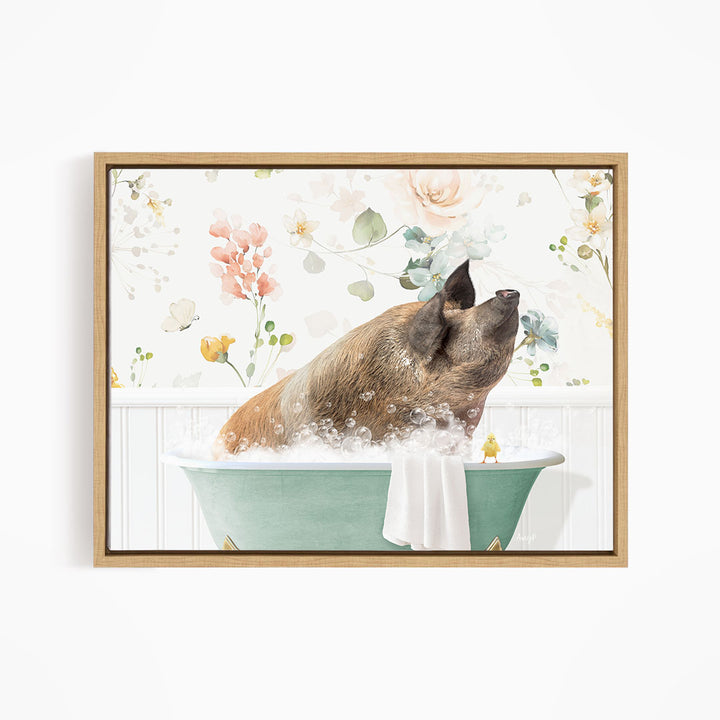 A pig sitting in a green bathtub, surrounded by flowers and birds, appears to be enjoying a relaxing bath.