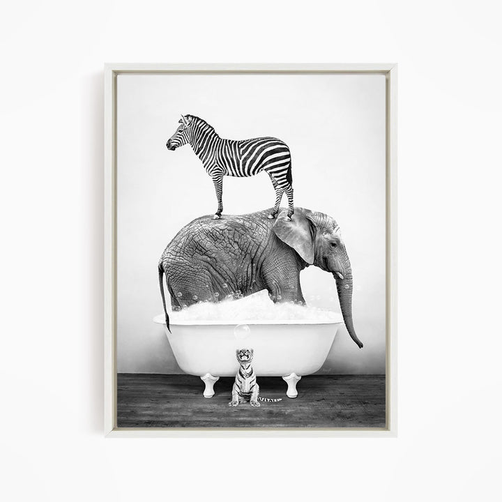 A zebra stands atop an elephant in a bathtub, with a small tiger sitting nearby.